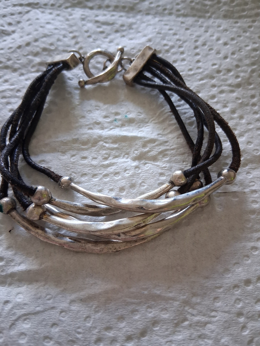 Multi-Strand Black Leather Bracelet with Silver-Tone Accent Sell As It Is